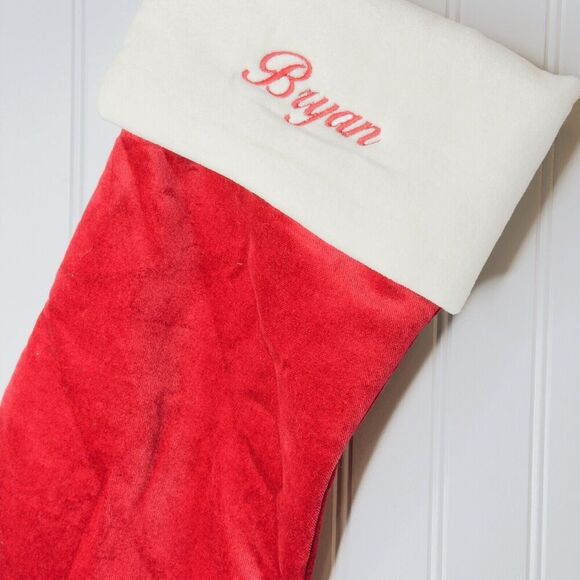 Pottery Barn BRYAN Classic Red White Ivory Velvet Christmas Stocking Mono NWOT - Picture 2 of 6